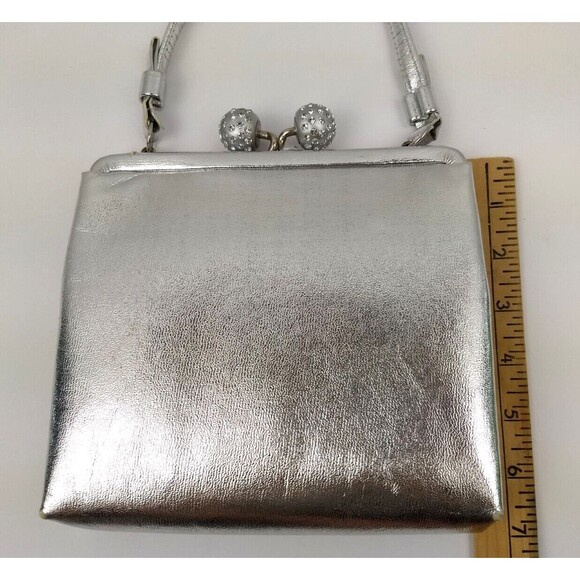 Vintage AFTER FIVE Silver Evening Clutch Hand Bag Rhinestone Orbs Kiss‎ Lock - Picture 14 of 16